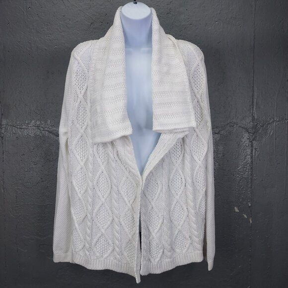 CAbi Cardigan Women Large White Cable Knit Open Shawl Collar Cotton Sweater #193 - Picture 2 of 12